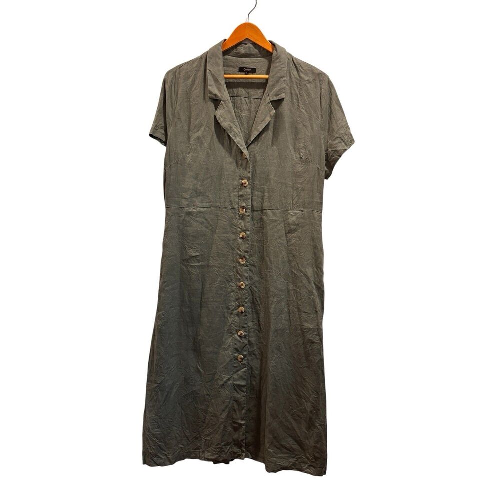 Quince European Linen Button Front Dress Green Size Large Short Sleeve Pockets